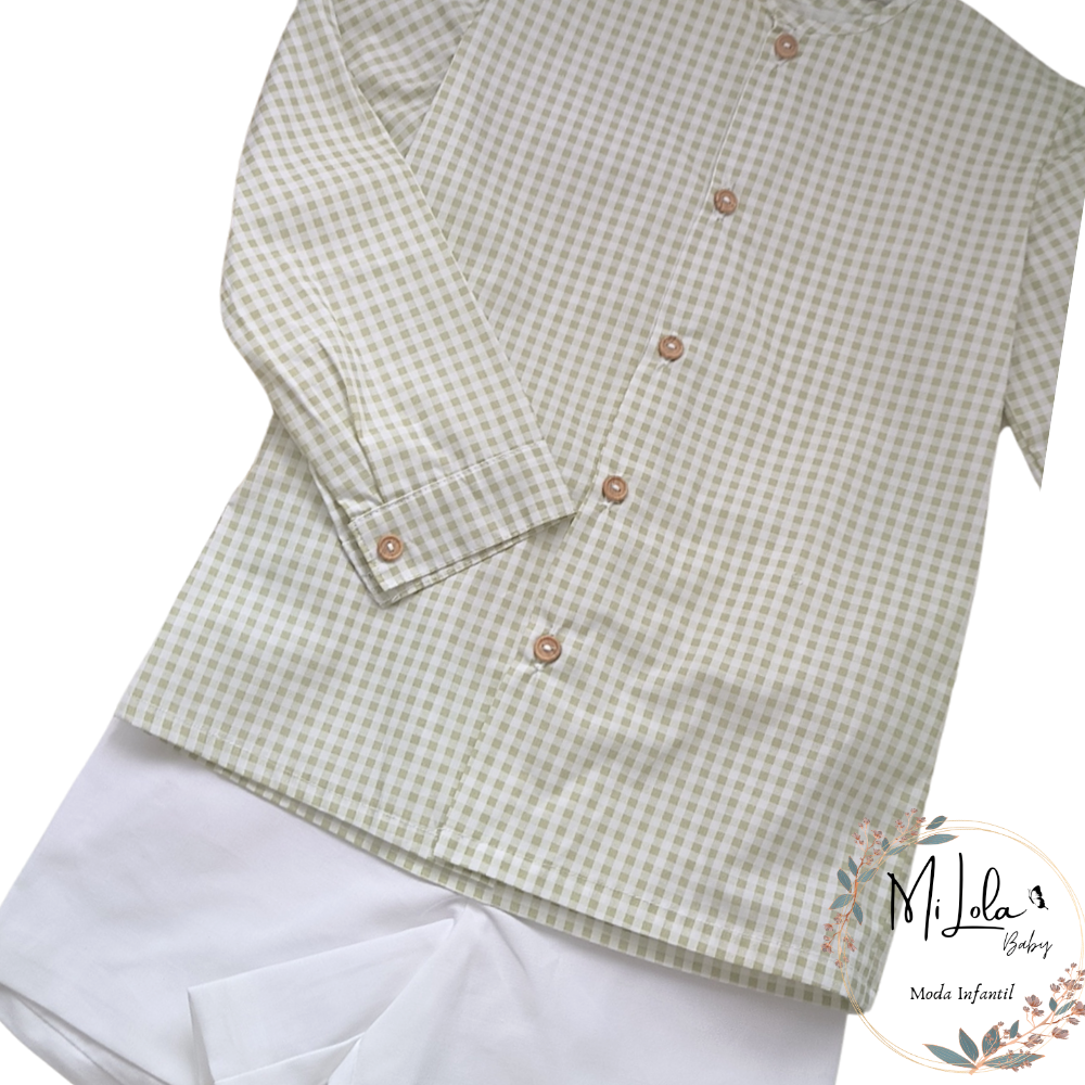 Conjunto camisa Vichy verde manzana y pantalón blanco Azahar - Imagen 2