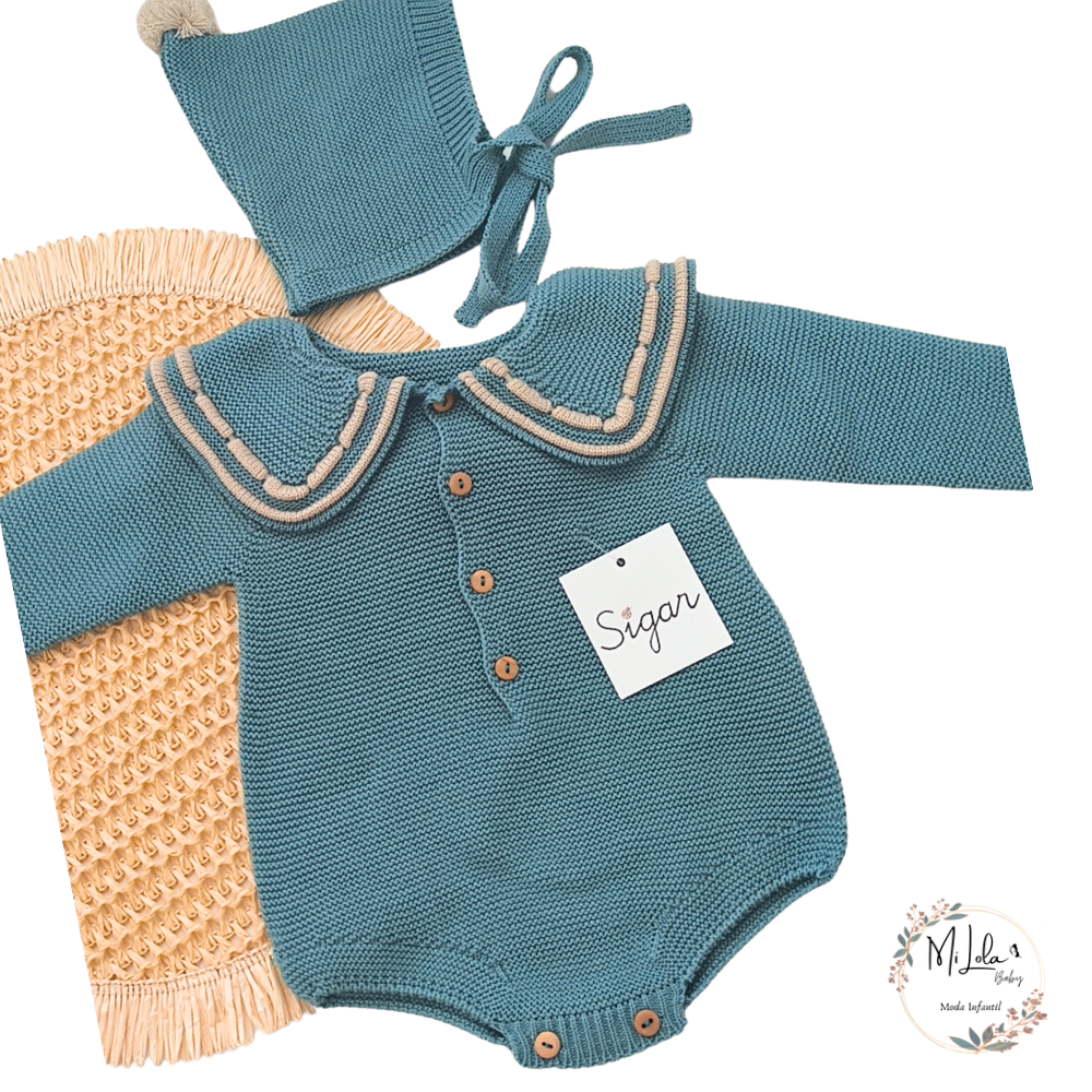 Conjunto unisex Pelele petróleo con capota pompón Sigar