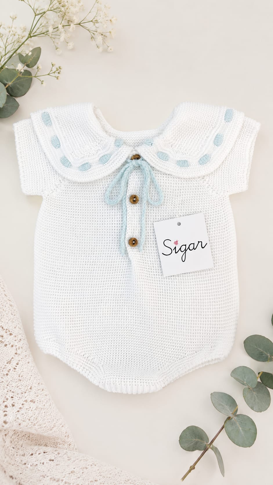 Pelele unisex blanco con cuello verde agua Sigar